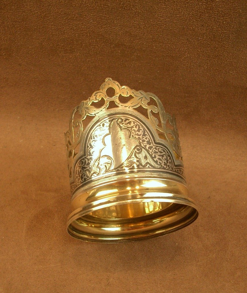 Porte Verre en argent massif niéllé et vermeil , Russie XIXe siècle-photo-2