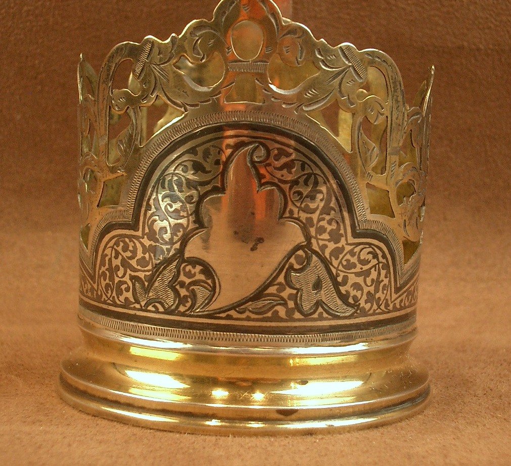 Porte Verre en argent massif niéllé et vermeil , Russie XIXe siècle-photo-8