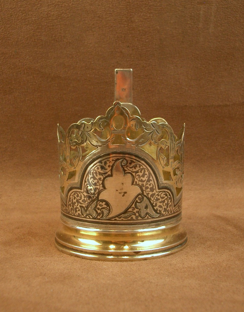 Porte Verre en argent massif niéllé et vermeil , Russie XIXe siècle