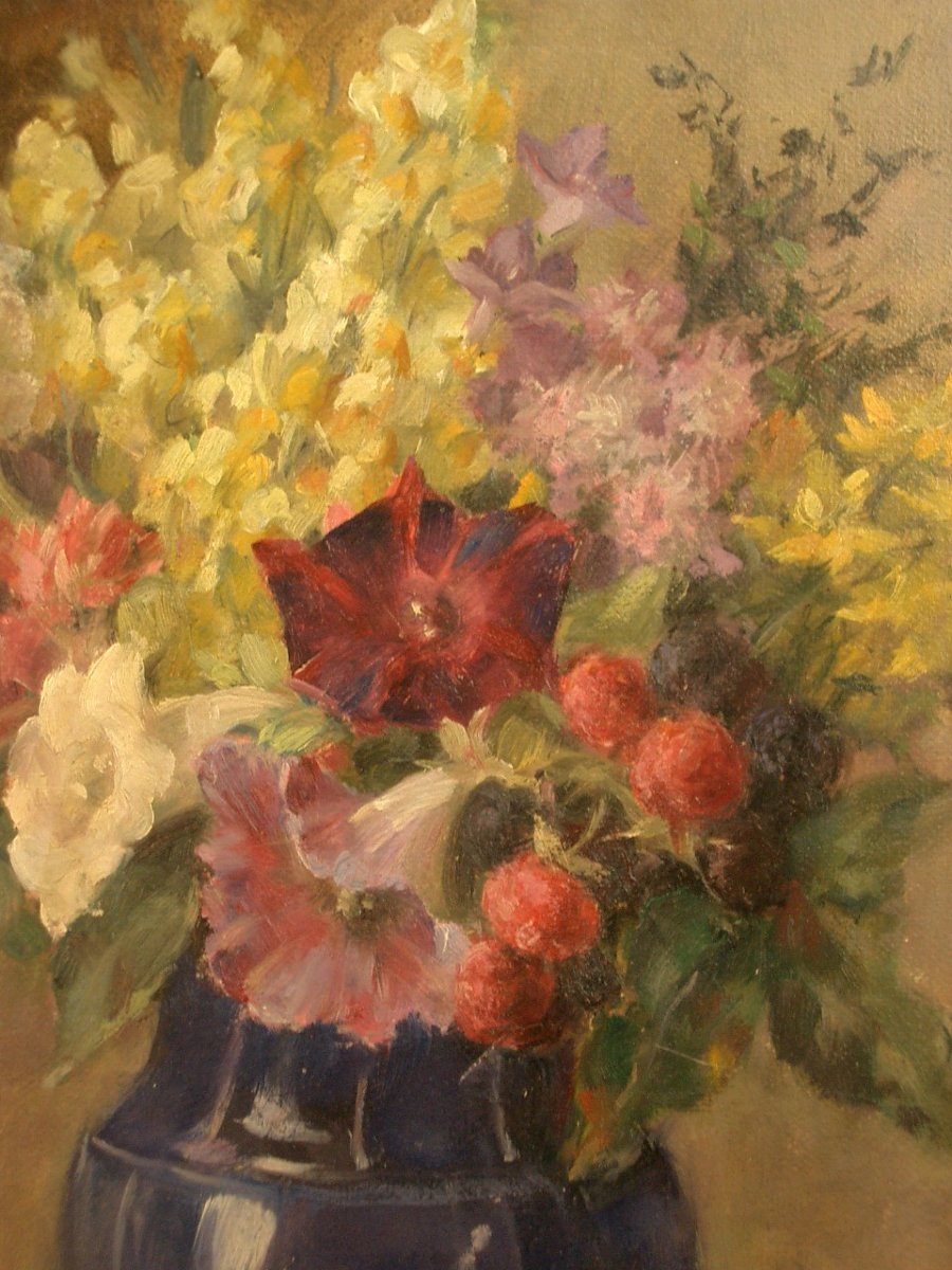 Peinture, Huile sur carton par Marcelle Bonnardel , école Lyonnaise, nature morte aux fleurs-photo-3