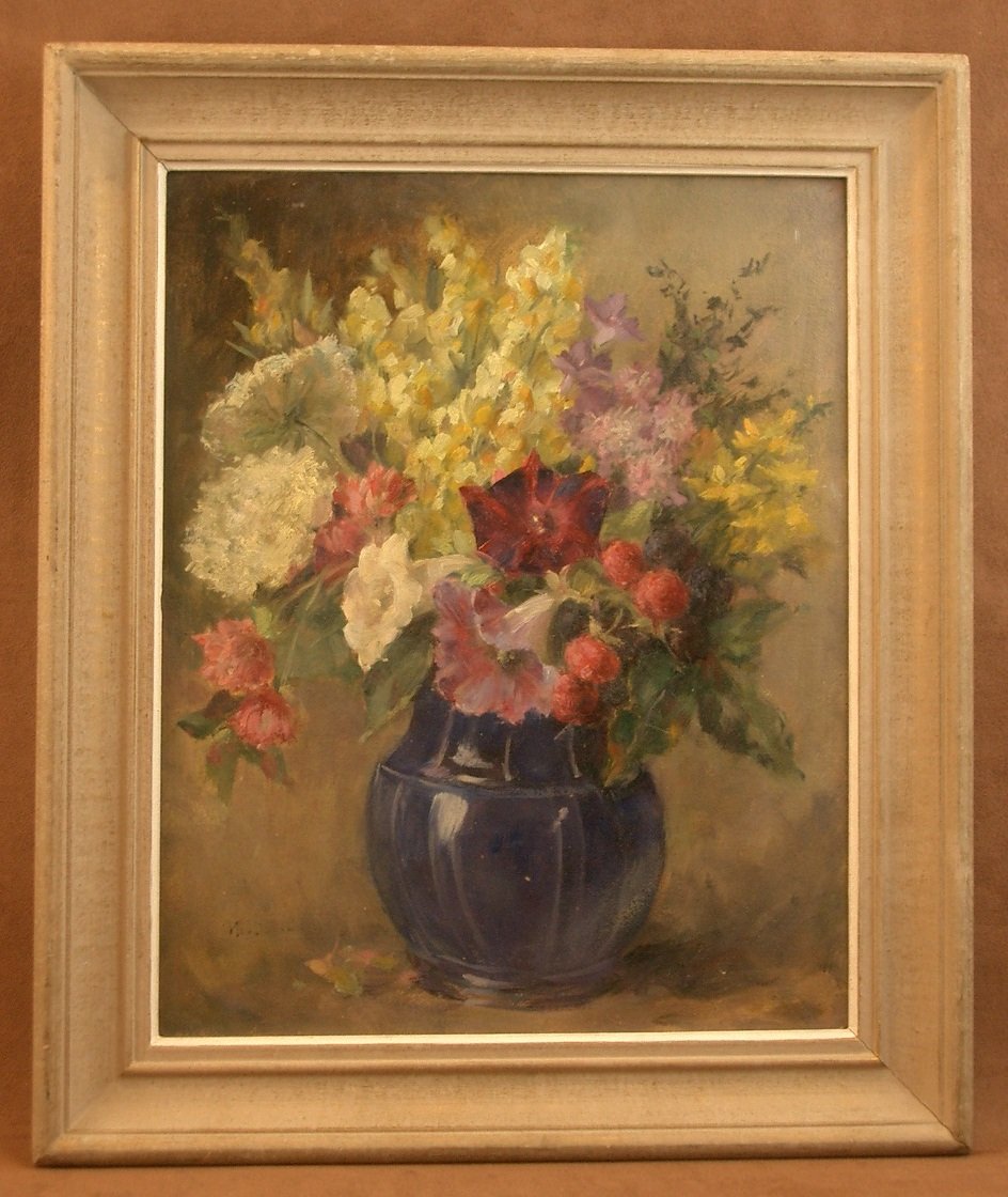 Peinture, Huile sur carton par Marcelle Bonnardel , école Lyonnaise, nature morte aux fleurs-photo-1