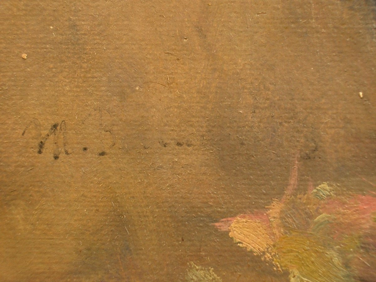 Peinture, Huile sur carton par Marcelle Bonnardel , école Lyonnaise, nature morte aux fleurs-photo-2