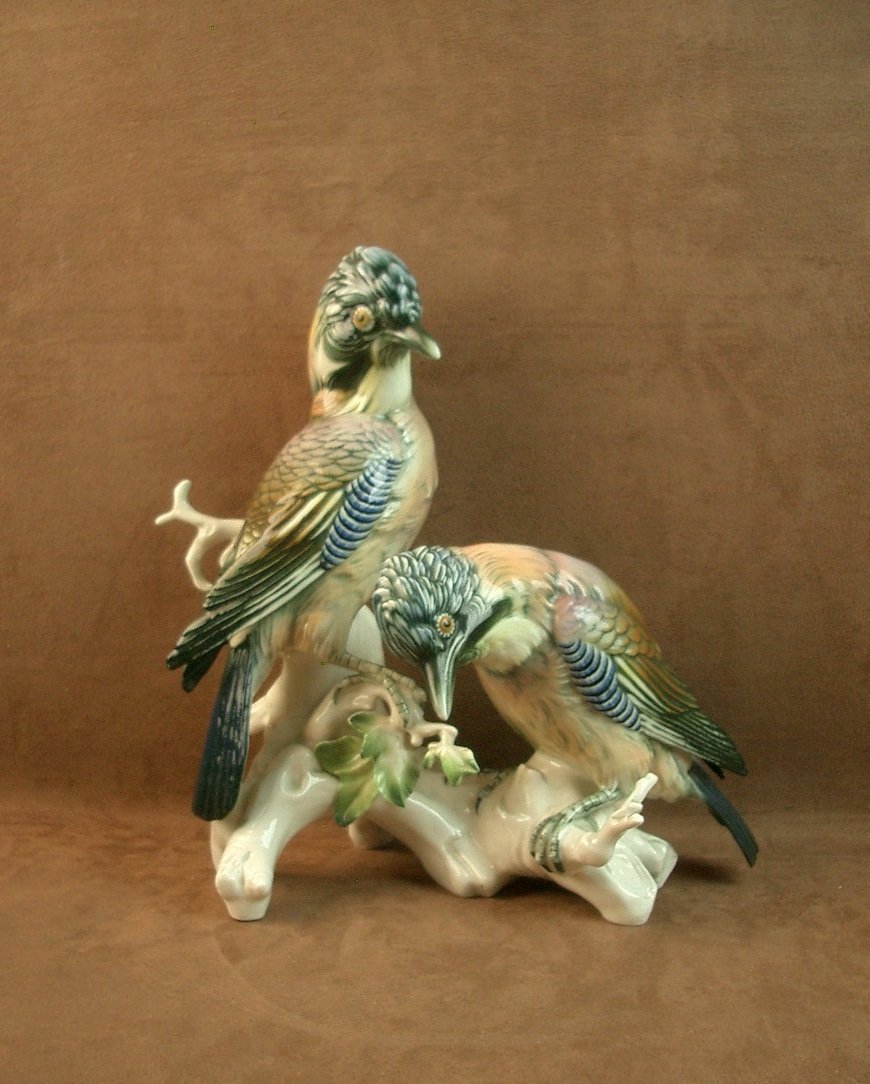 Important Saxon Porcelain Group By Karl Ens, Pair Of Jays-photo-3
