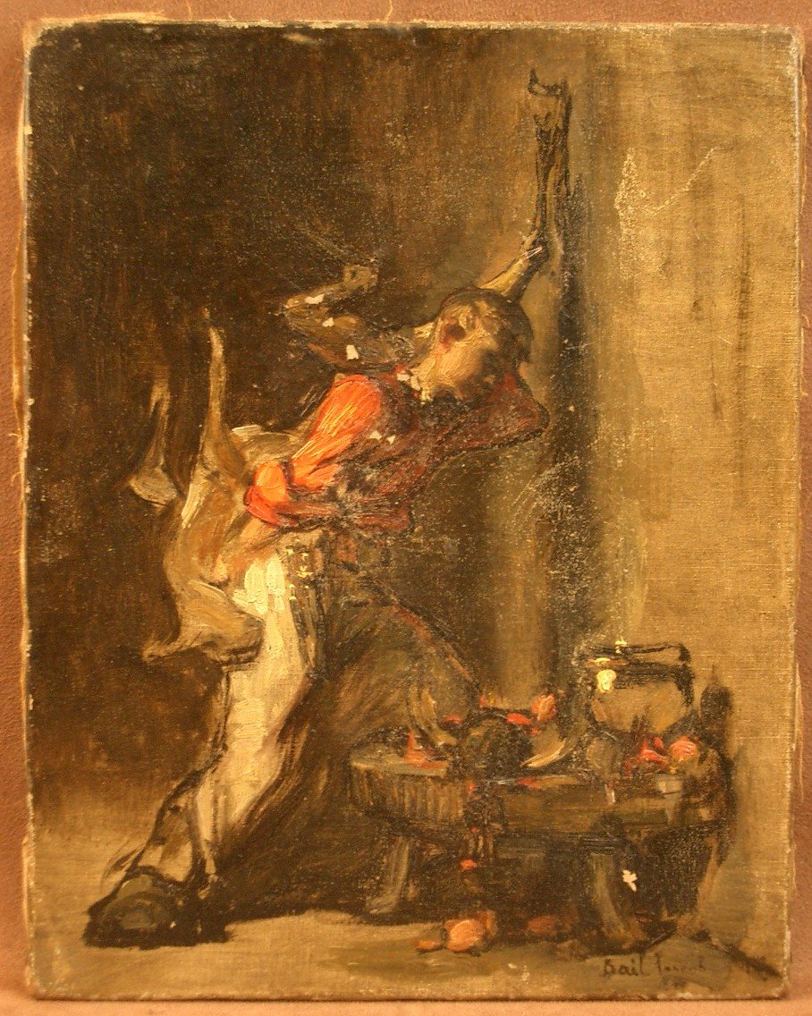 19th-century Oil On Canvas, Chiaroscuro, The Little Cook By Joseph Bail 1862-1921 -photo-2