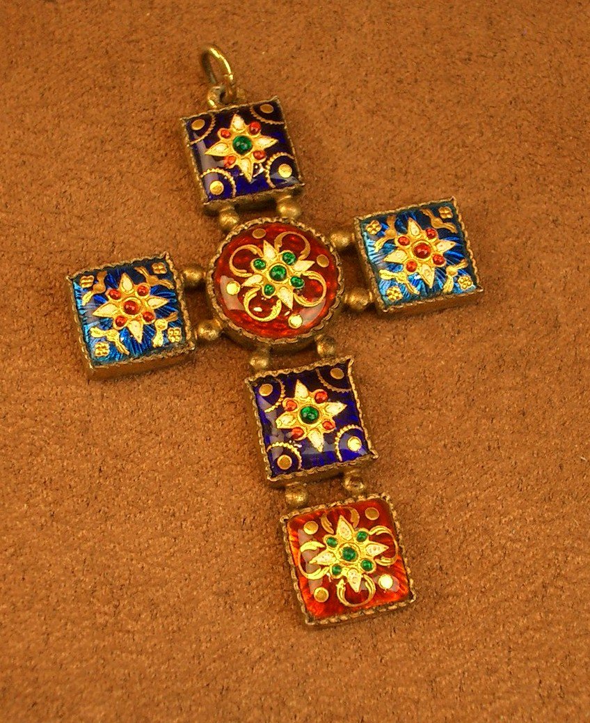 Antique Cross Pendant In Vermeil And Bresse Enamels -photo-4