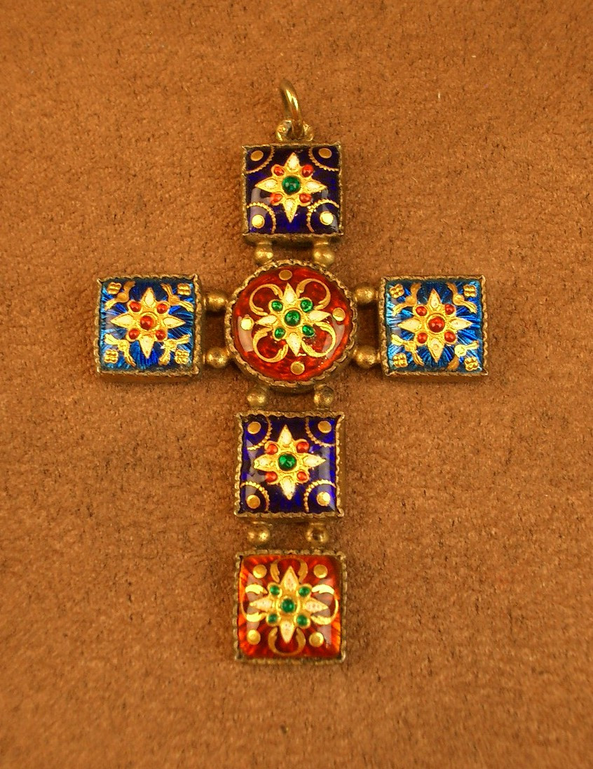 Antique Cross Pendant In Vermeil And Bresse Enamels 