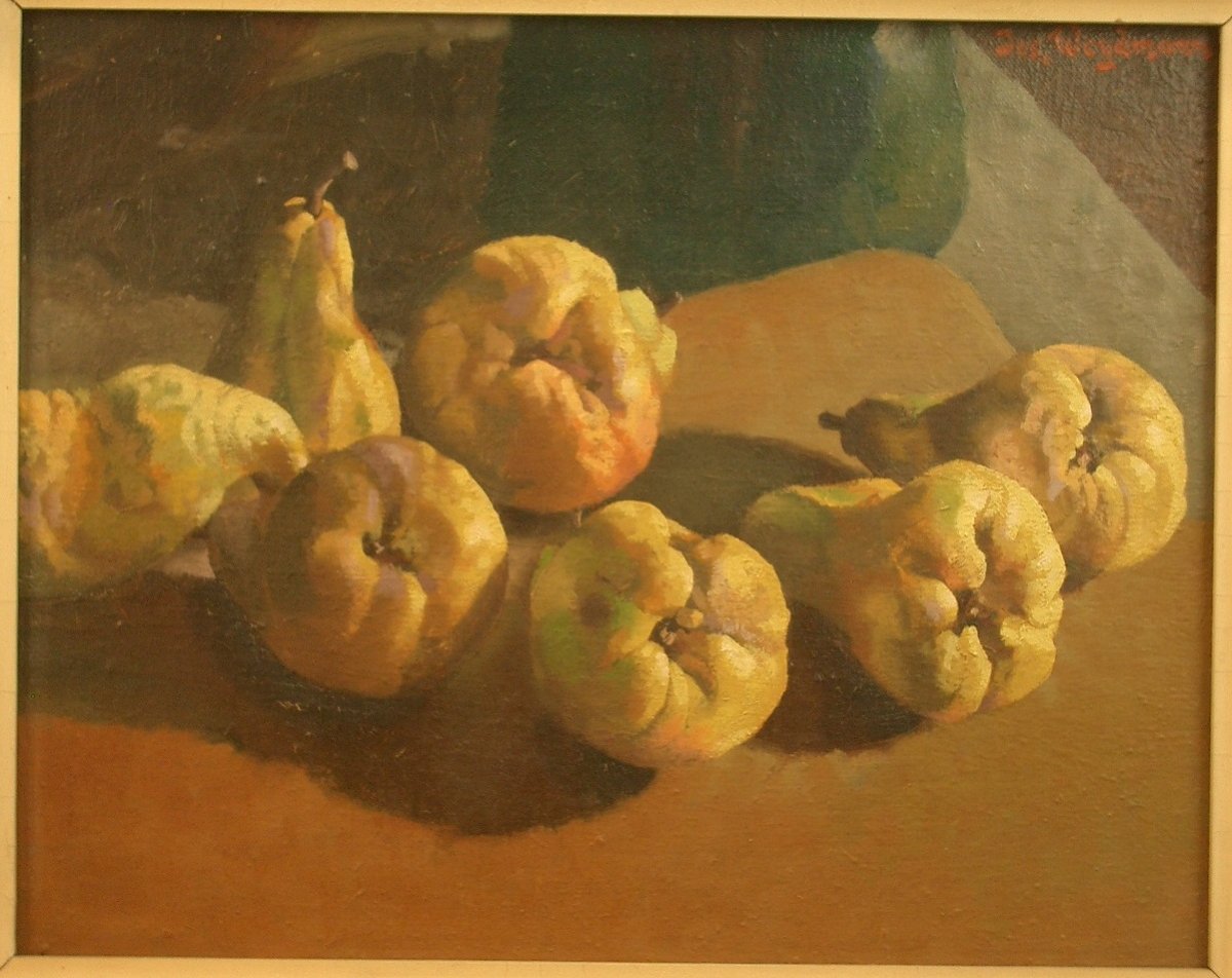 Peinture huile sur toile Nature morte aux poires par Joseph Weydmann (1914-1968) -photo-3