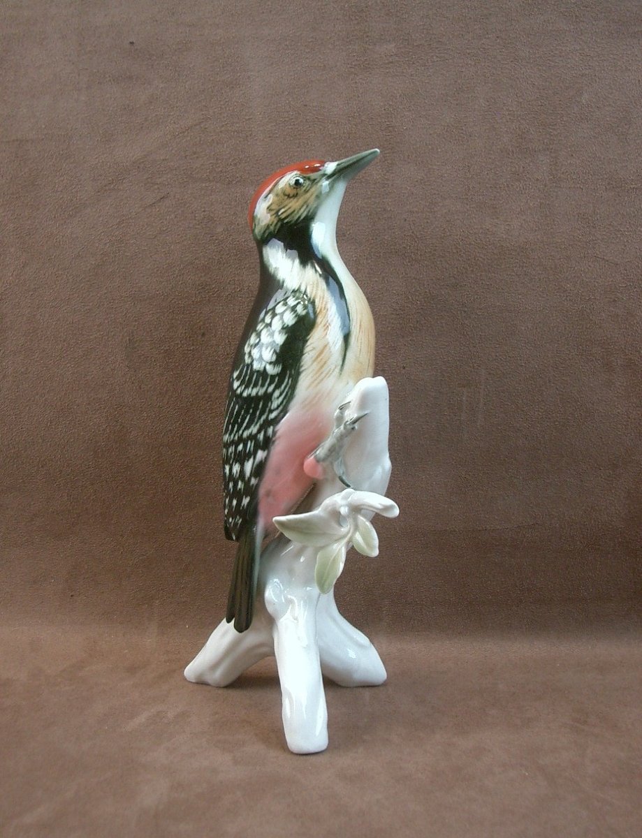 Important Great Spotted Woodpecker Bird In Saxon Porcelain By Karl Ens -photo-2