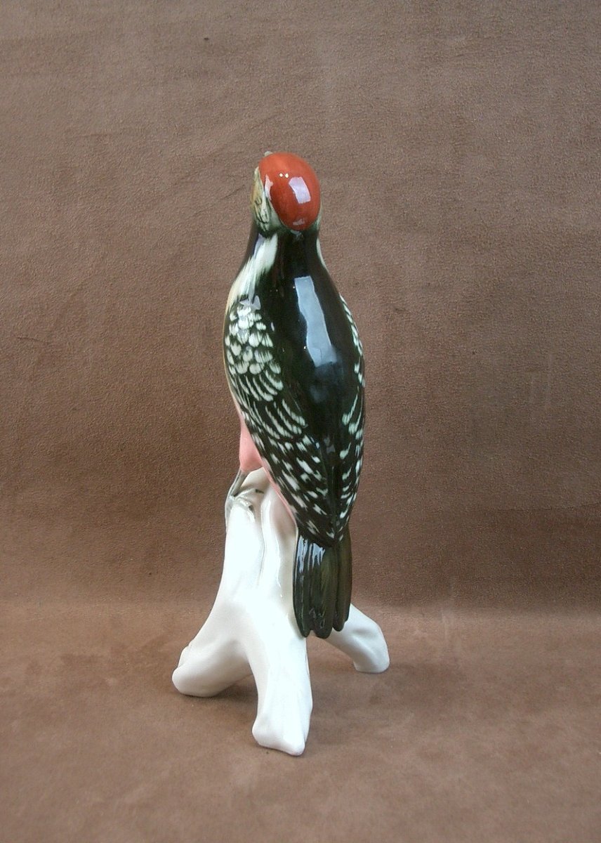 Important Great Spotted Woodpecker Bird In Saxon Porcelain By Karl Ens -photo-1