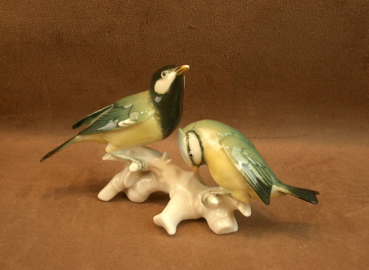 Group Of Birds, Pair Of Saxon Porcelain Tits, Karl Ens -photo-4