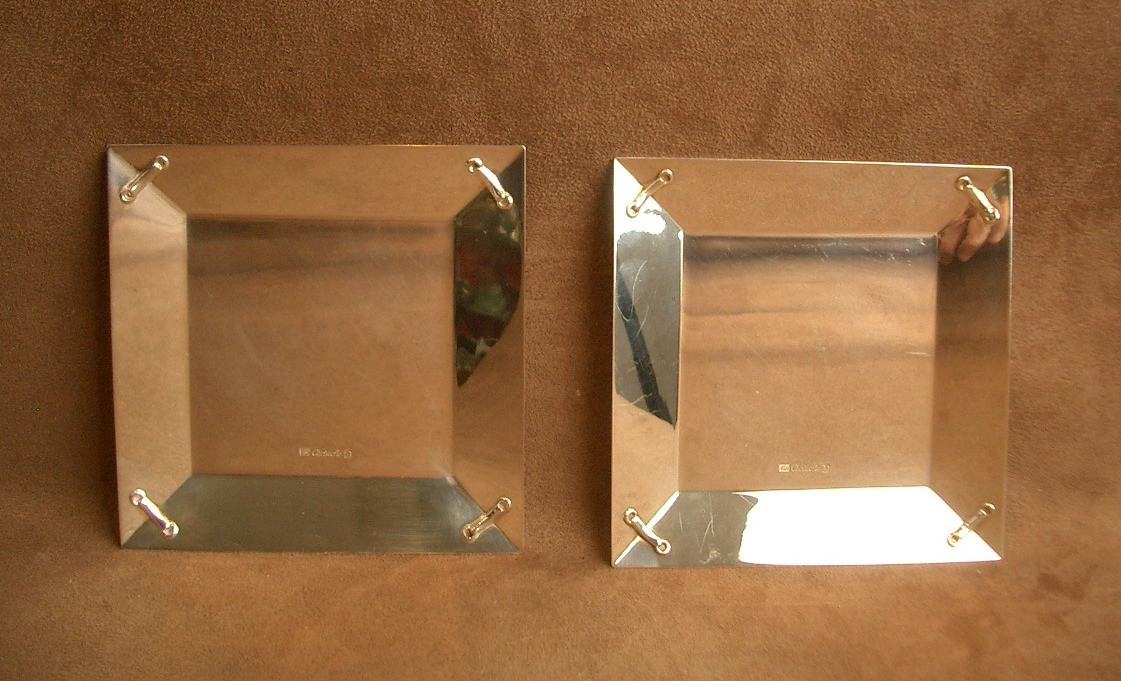 Pair Of Small Square Silver-plated Metal Trays By Christofle