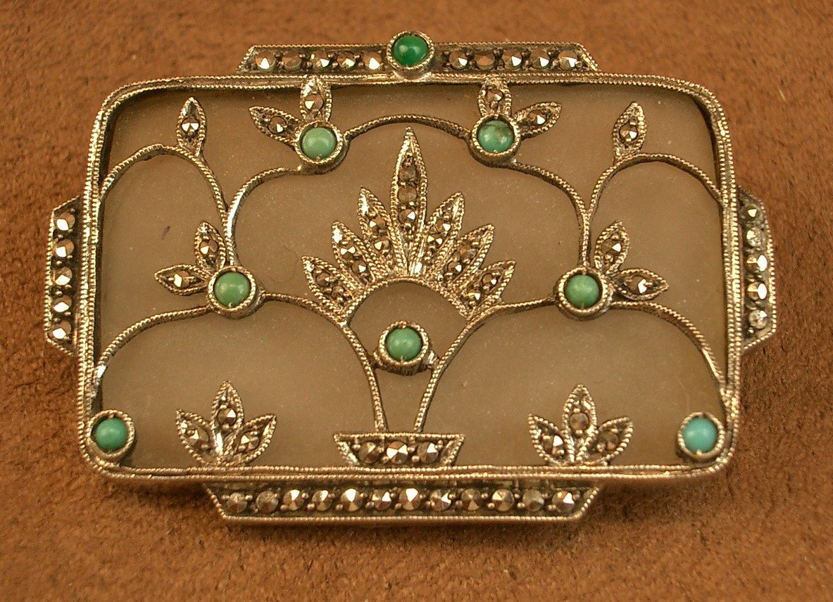 Art Deco Brooch In Silver, Rock Crystal And Turquoise By Theodor Fahrner-photo-2