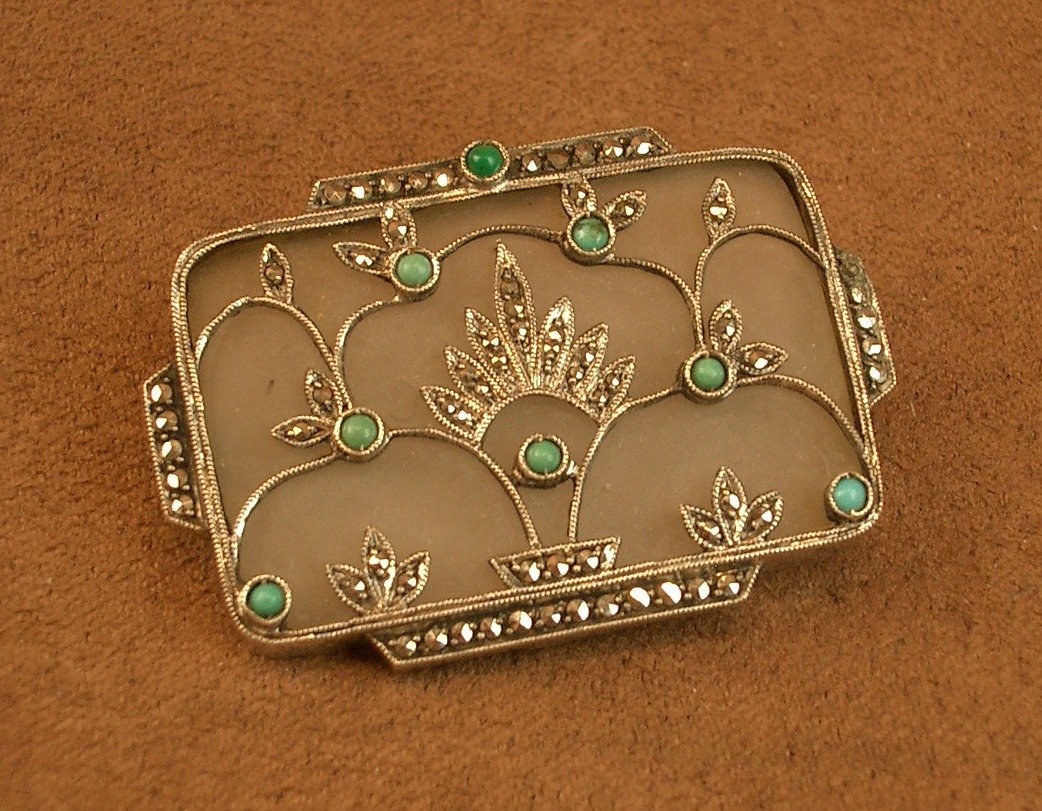 Art Deco Brooch In Silver, Rock Crystal And Turquoise By Theodor Fahrner-photo-1