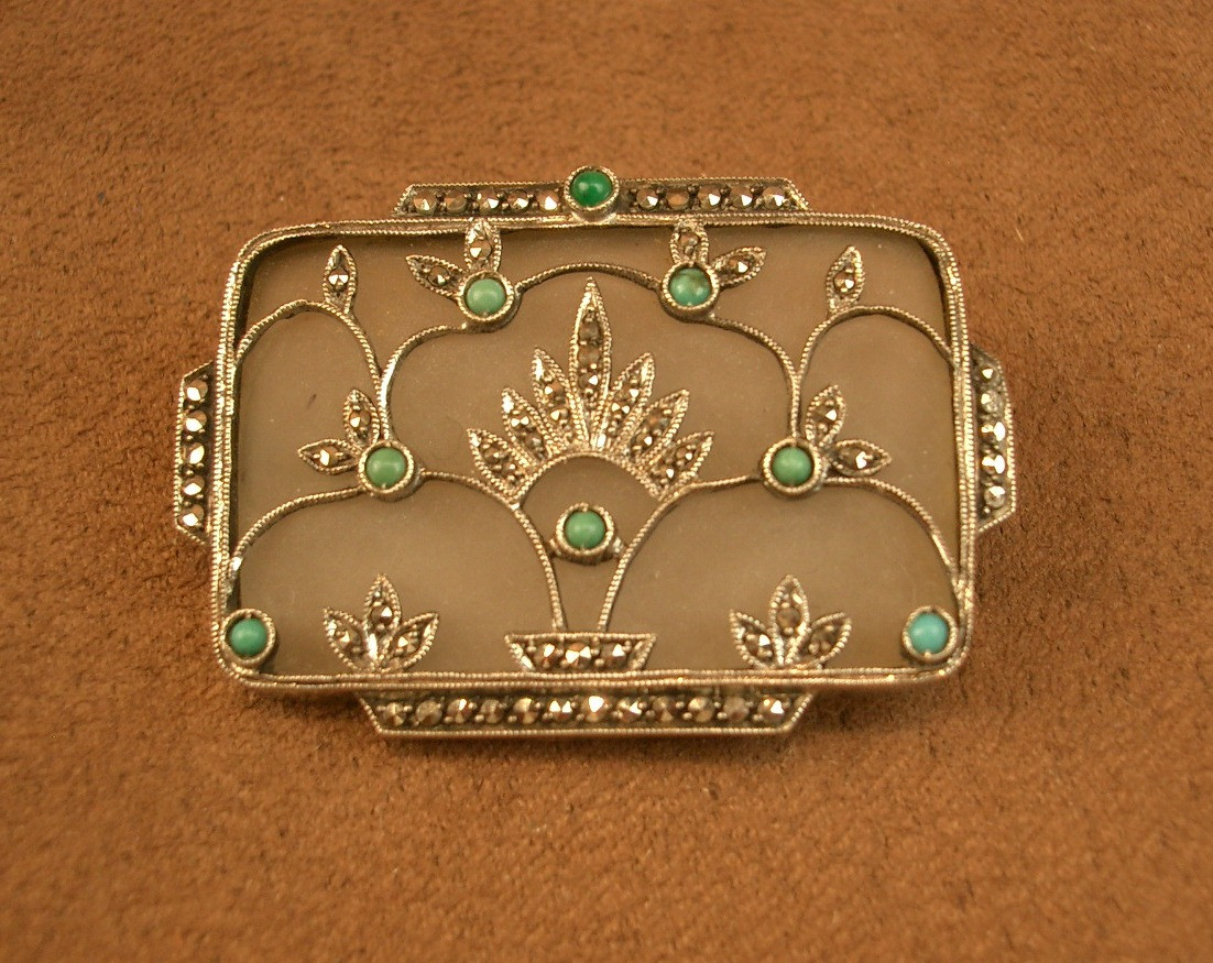 Art Deco Brooch In Silver, Rock Crystal And Turquoise By Theodor Fahrner