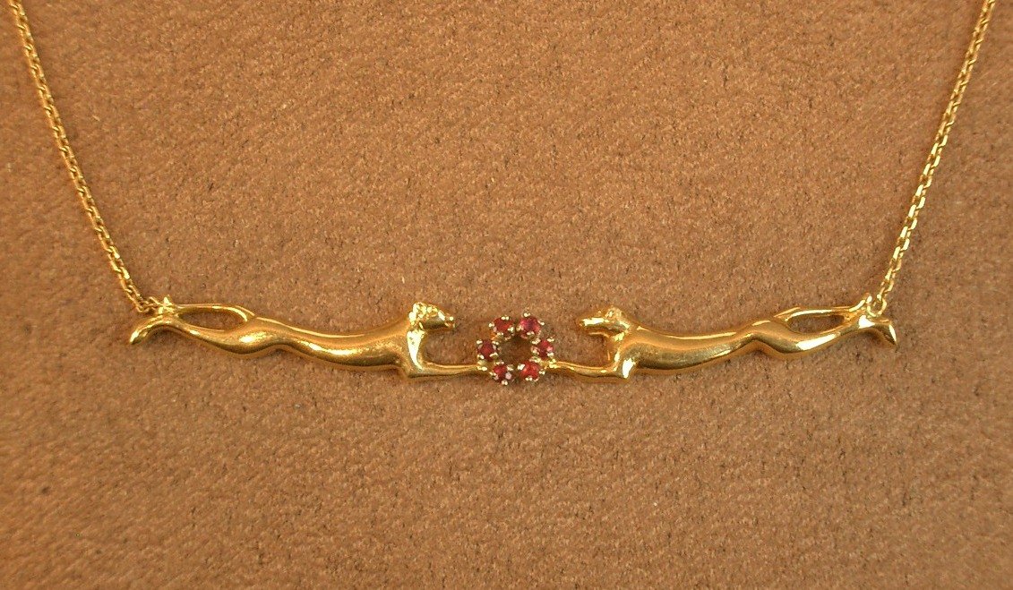 18k Gold Choker Necklace, Two Facing Panthers-photo-1