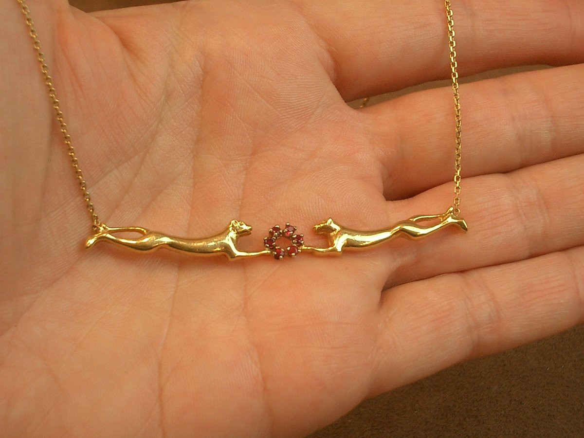 18k Gold Choker Necklace, Two Facing Panthers-photo-5