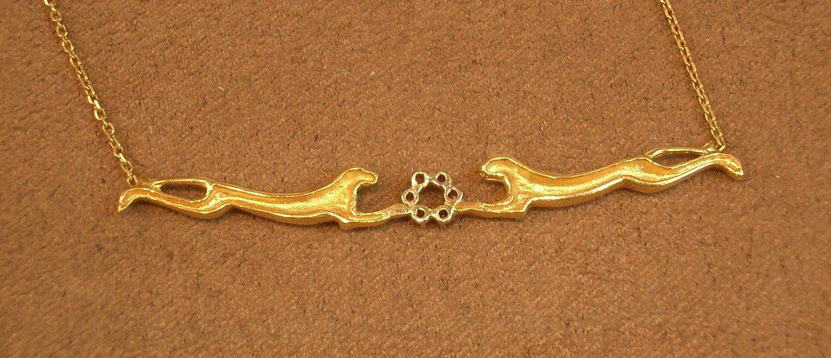 18k Gold Choker Necklace, Two Facing Panthers-photo-6