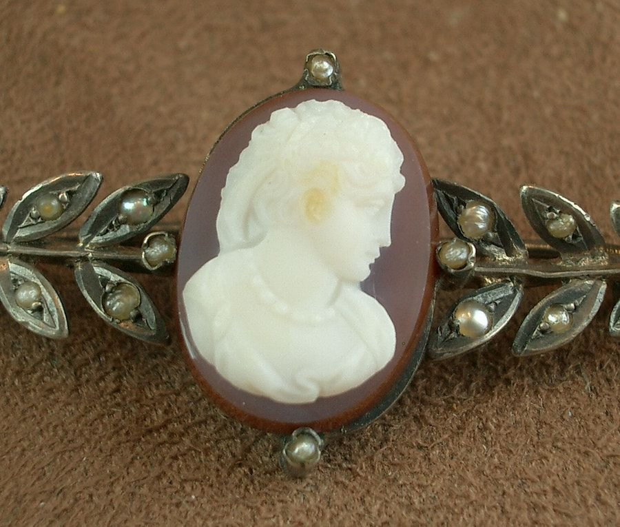 Antique Brooch In Solid Silver With Cameo On Agate And Fine Pearls, 19th Century-photo-2