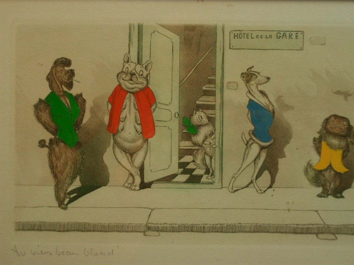 Gravure humoriste chiens "Tu viens beau blond" Arthur Boris Klein dit O'KLEIN (1893-1985)-photo-2