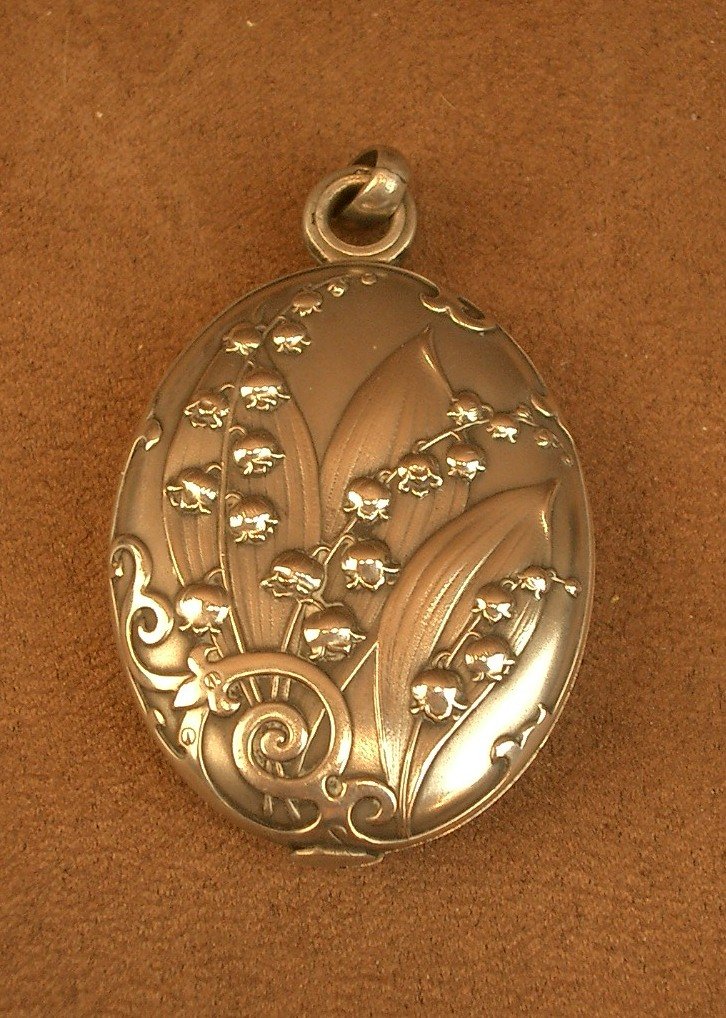 Miroir de poche ou de châtelaine en argent massif Art Nouveau décor muguet -photo-2