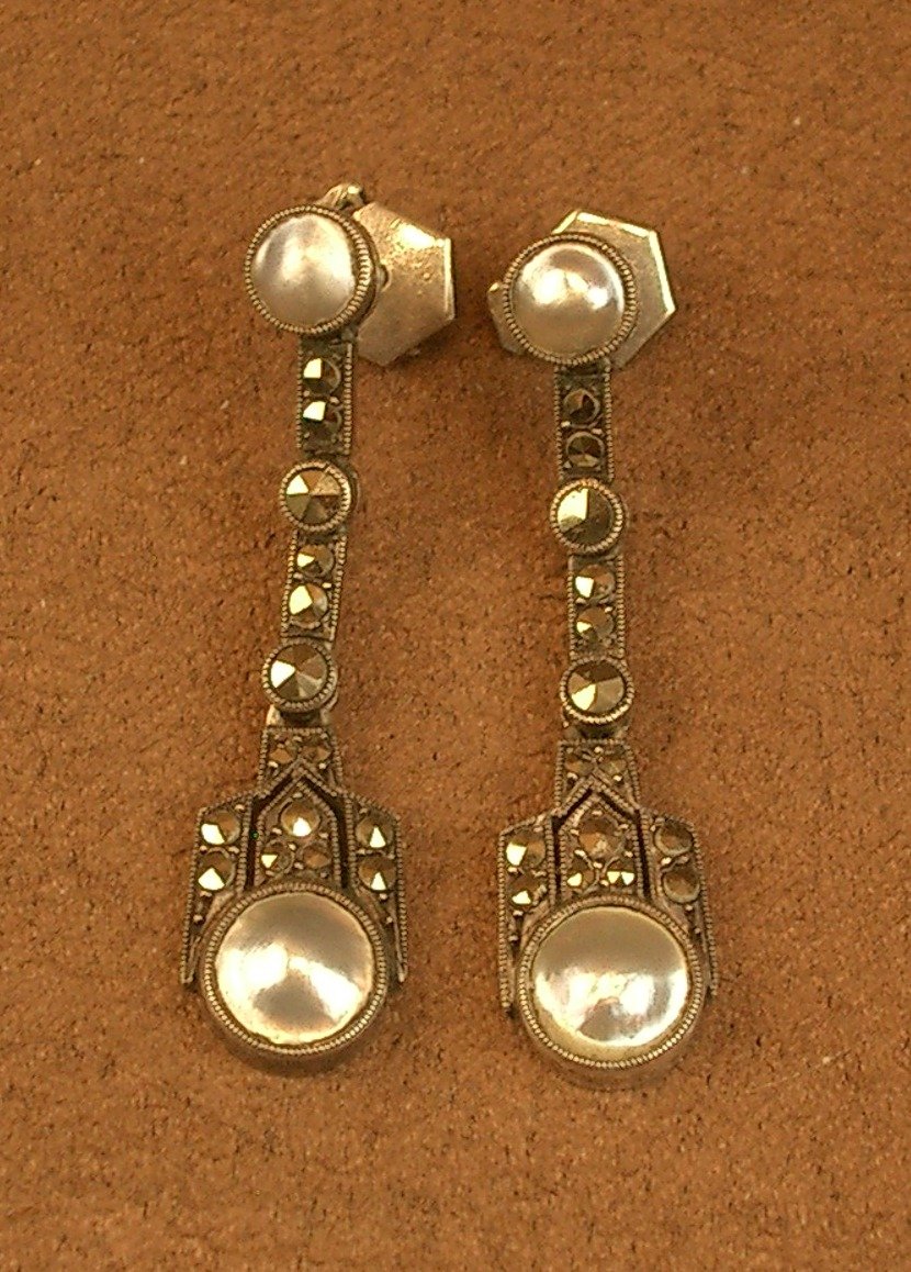 Pair Of Art Deco Silver Drop Earrings With Pearls And Marcasite -photo-2