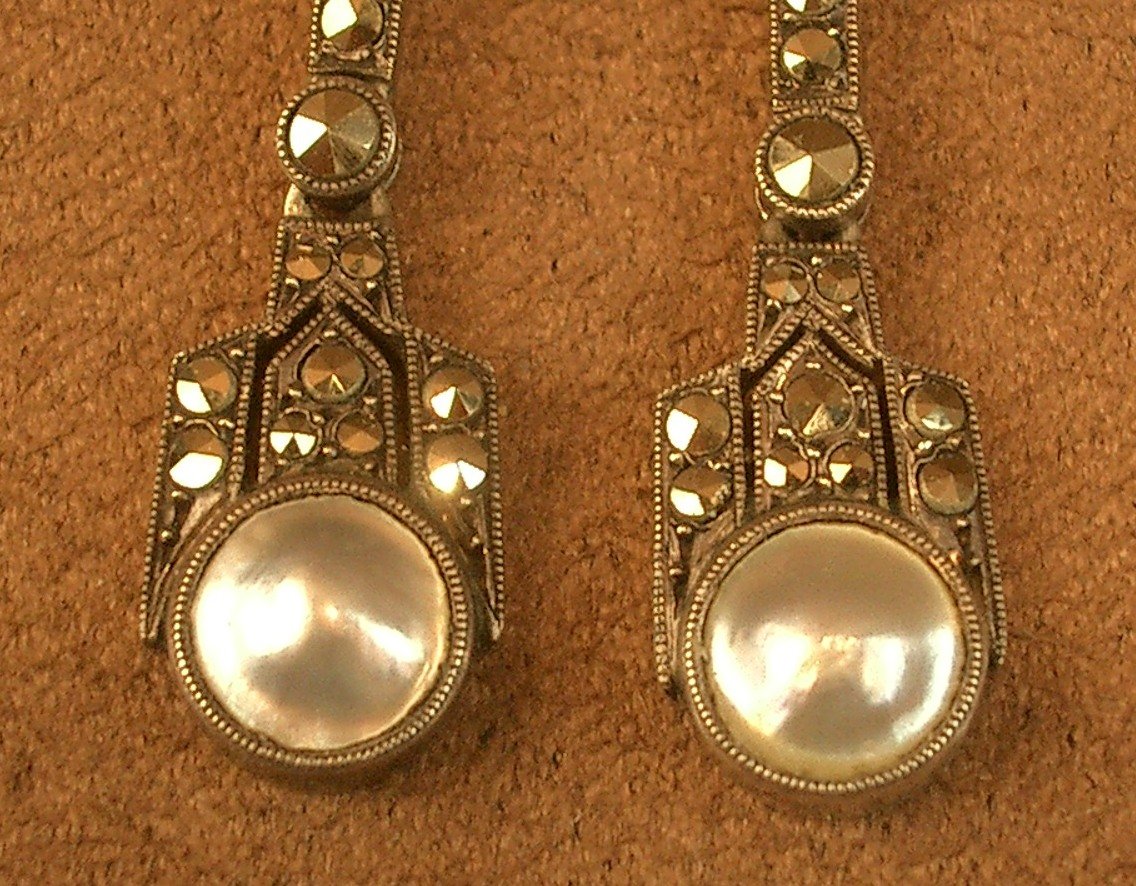 Pair Of Art Deco Silver Drop Earrings With Pearls And Marcasite -photo-3