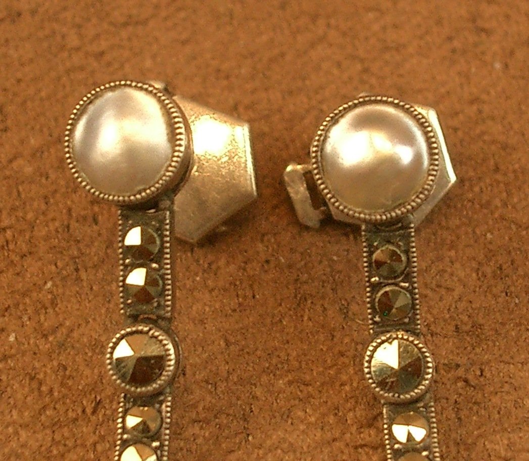 Pair Of Art Deco Silver Drop Earrings With Pearls And Marcasite -photo-4