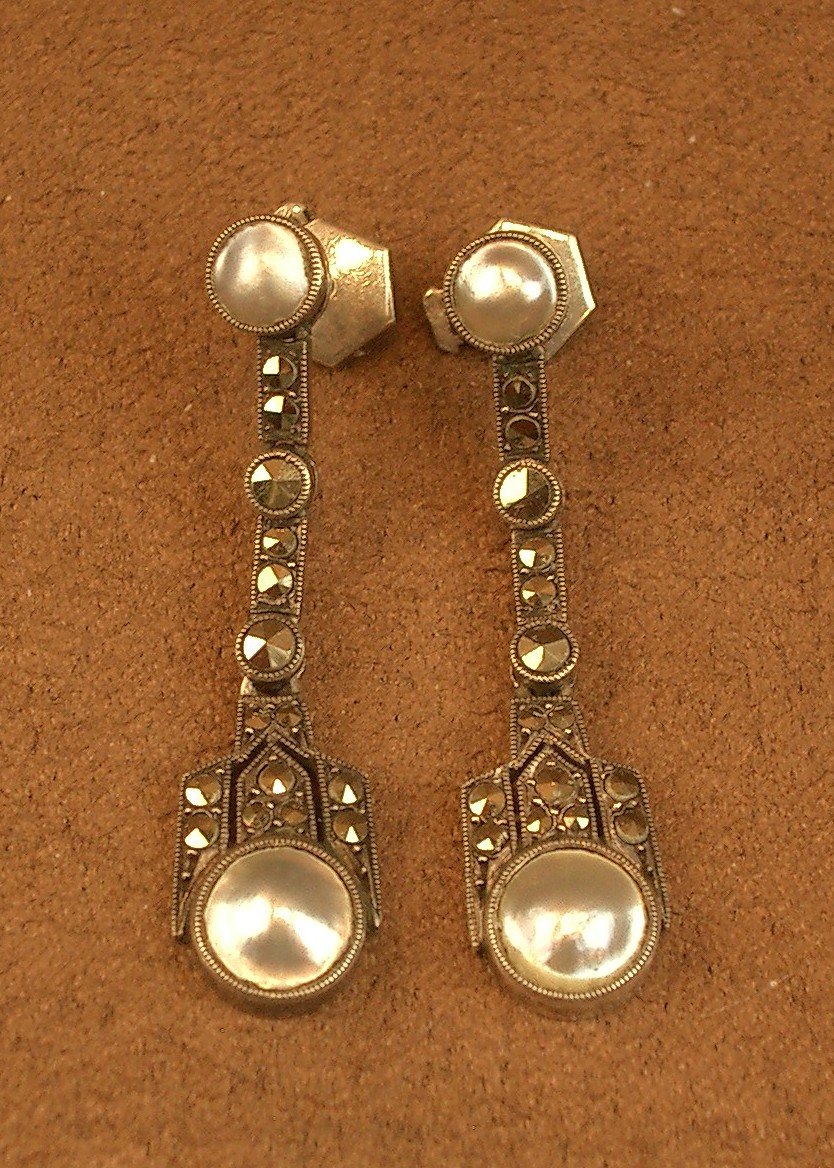 Pair Of Art Deco Silver Drop Earrings With Pearls And Marcasite -photo-1