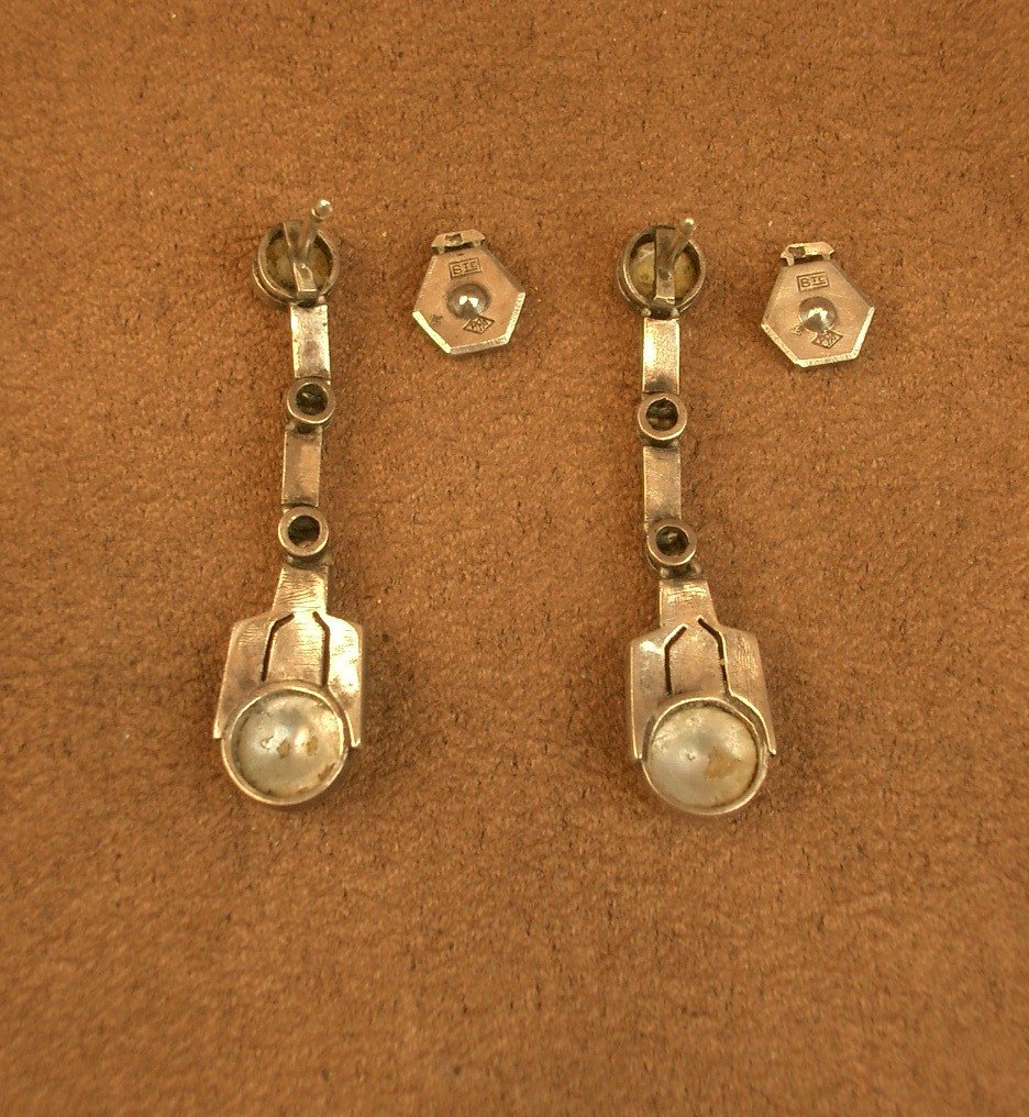 Pair Of Art Deco Silver Drop Earrings With Pearls And Marcasite -photo-5