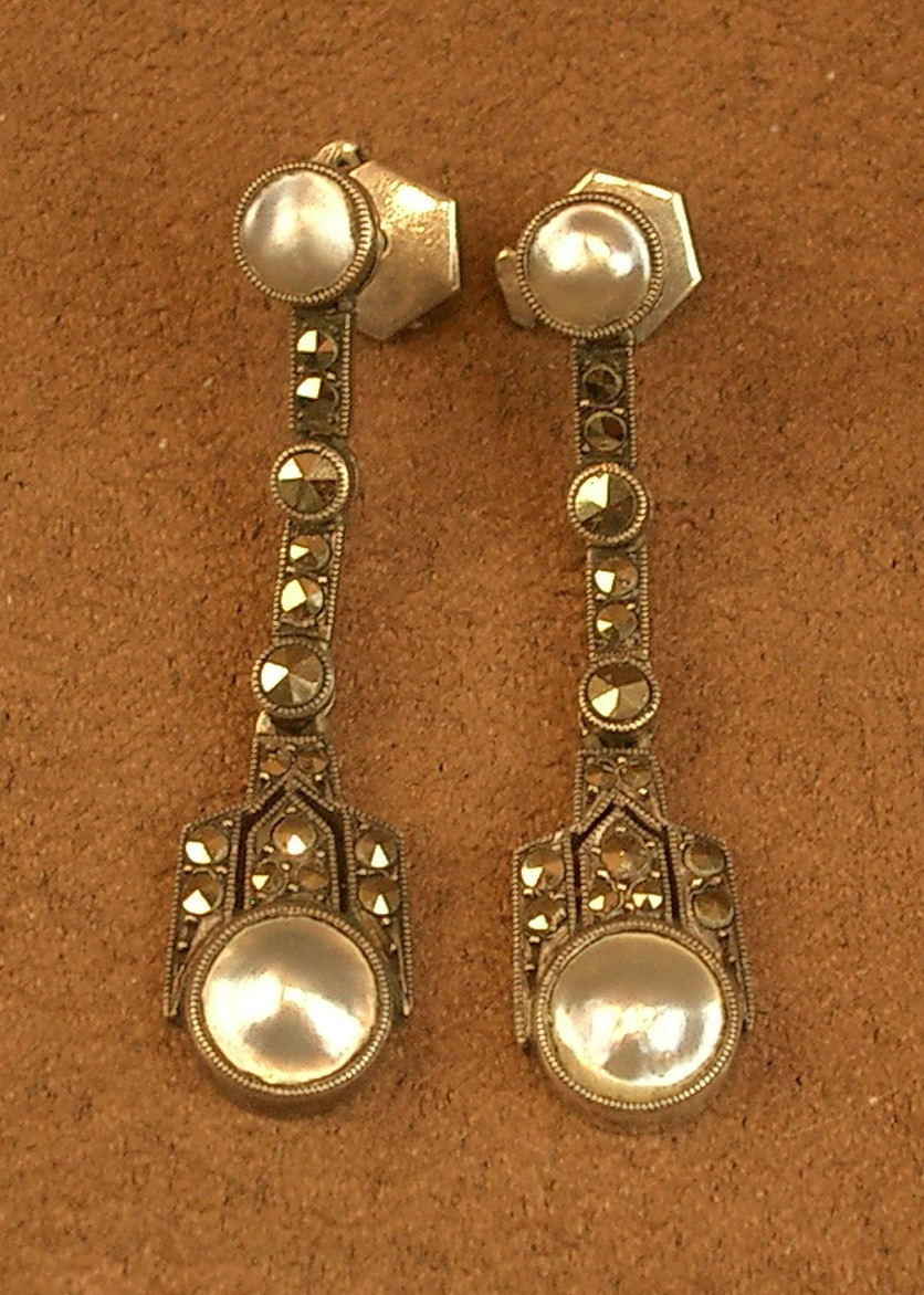 Pair Of Art Deco Silver Drop Earrings With Pearls And Marcasite 