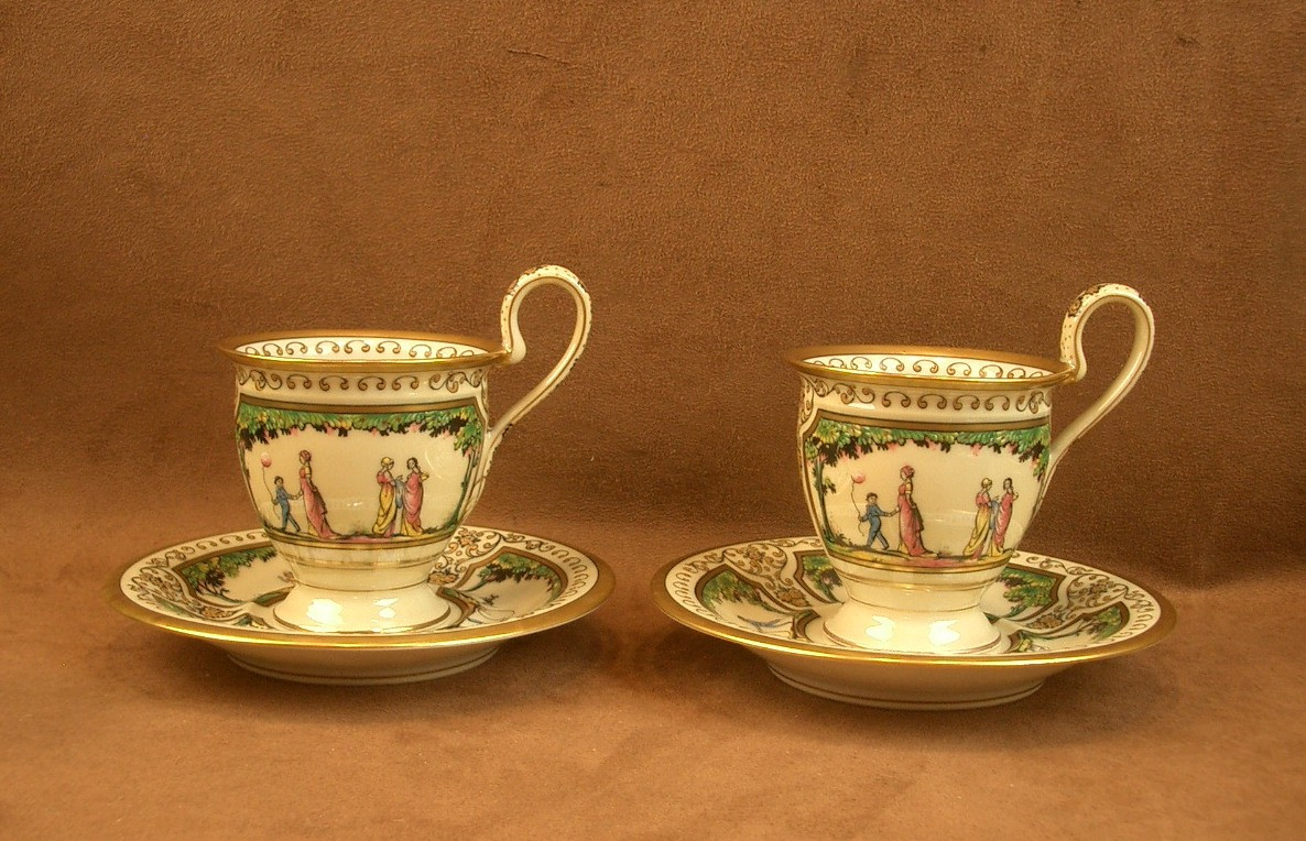 Two Limoges Porcelain Coffee Cups, Raynaud, Promenade At The Royal Palace 