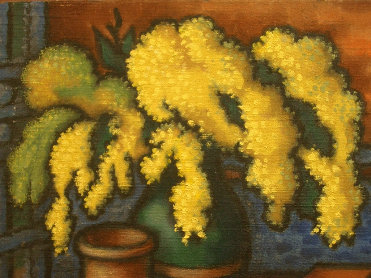 Peinture Huile Nature morte au bouquet de mimosas par André Mioche dit "Miauch" (1907-1995) -photo-1