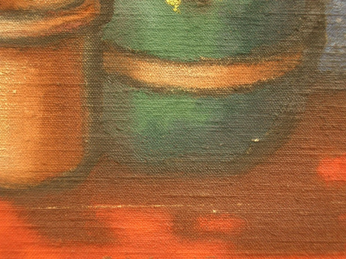 Peinture Huile Nature morte au bouquet de mimosas par André Mioche dit "Miauch" (1907-1995) -photo-2