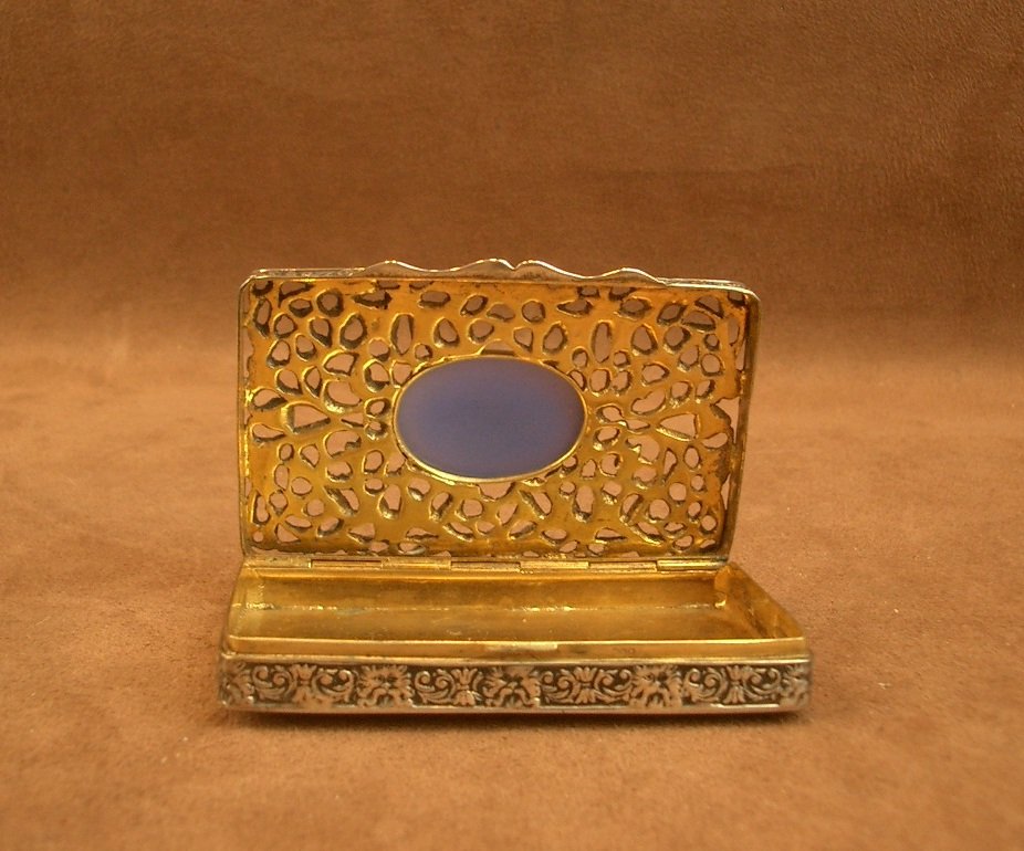 Boite ancienne en argent massif ajouré et pierre bleue-photo-5