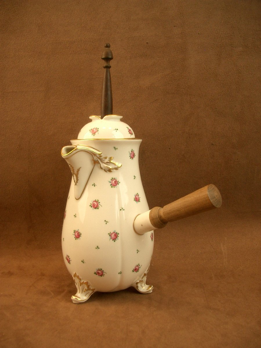 Porcelain Chocolate Pot Decorated With Scattered Roses, Signed Henri Schmitt Vittel-photo-7