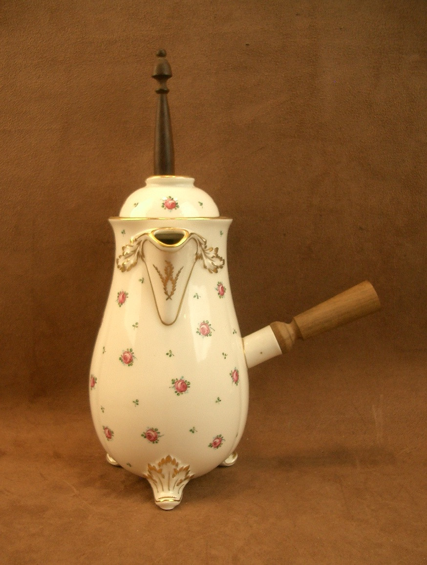 Porcelain Chocolate Pot Decorated With Scattered Roses, Signed Henri Schmitt Vittel