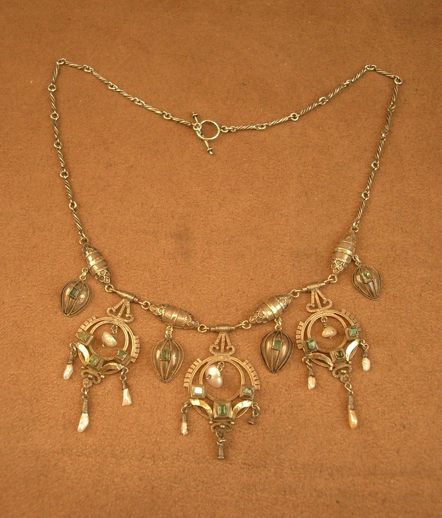 Collier draperie Art Nouveau en argent et vermeil, perles baroques et tourmaline , vers 1900 -photo-2
