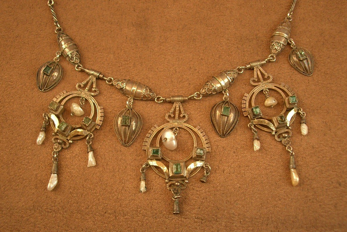 Collier draperie Art Nouveau en argent et vermeil, perles baroques et tourmaline , vers 1900 -photo-3