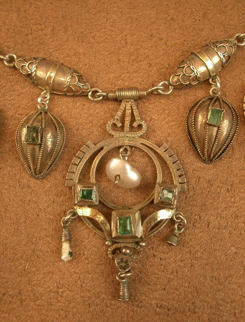 Collier draperie Art Nouveau en argent et vermeil, perles baroques et tourmaline , vers 1900 -photo-4