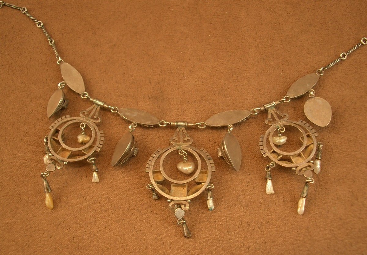 Collier draperie Art Nouveau en argent et vermeil, perles baroques et tourmaline , vers 1900 -photo-5