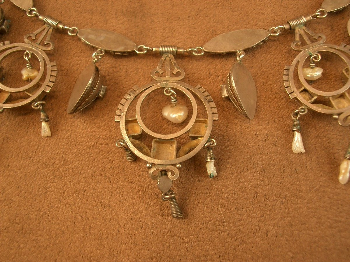 Collier draperie Art Nouveau en argent et vermeil, perles baroques et tourmaline , vers 1900 -photo-6