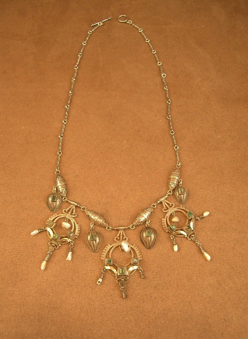 Collier draperie Art Nouveau en argent et vermeil, perles baroques et tourmaline , vers 1900 -photo-7