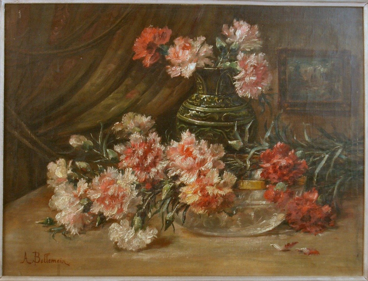Painting Oil On Canvas, Still Life With Carnations By André Bellemain 1860-1940-photo-2