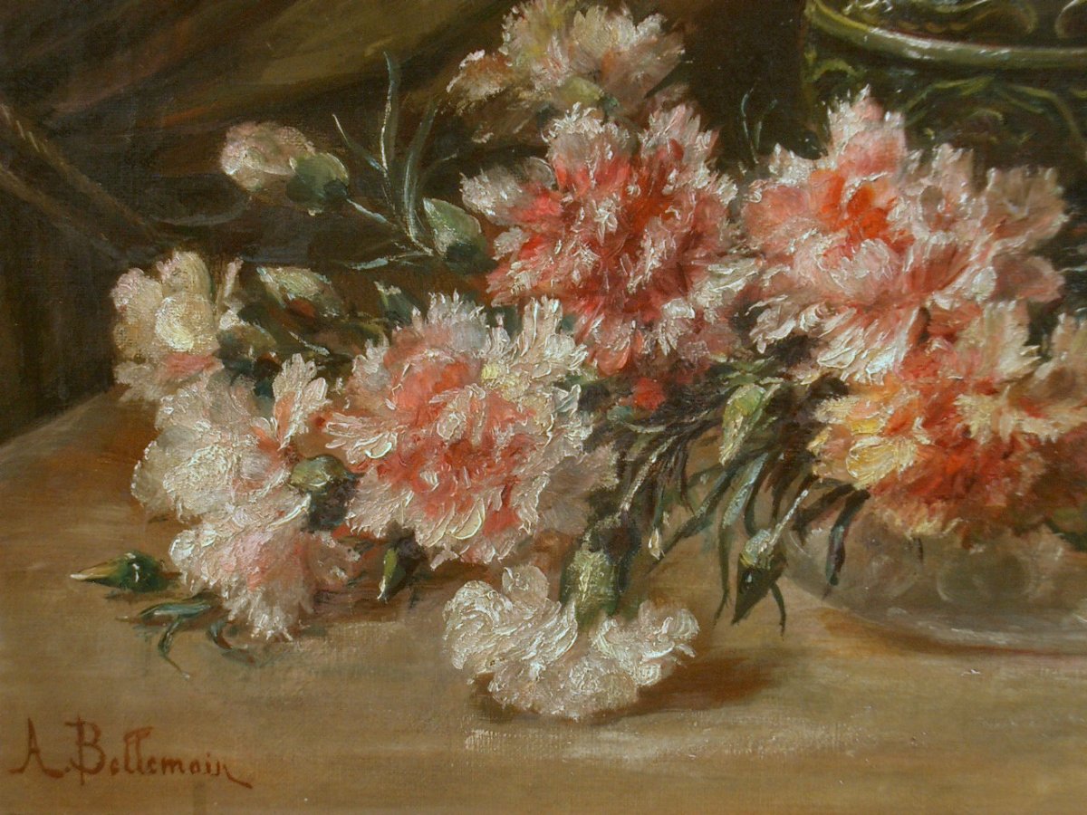 Painting Oil On Canvas, Still Life With Carnations By André Bellemain 1860-1940-photo-4
