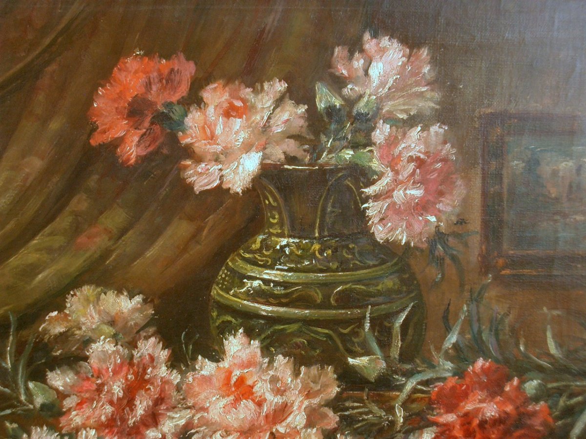 Painting Oil On Canvas, Still Life With Carnations By André Bellemain 1860-1940-photo-1