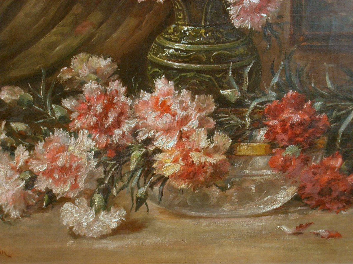Painting Oil On Canvas, Still Life With Carnations By André Bellemain 1860-1940-photo-2