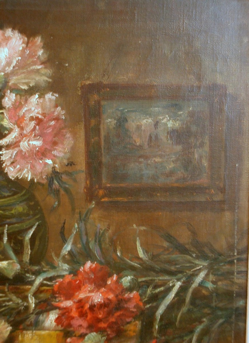 Painting Oil On Canvas, Still Life With Carnations By André Bellemain 1860-1940-photo-3