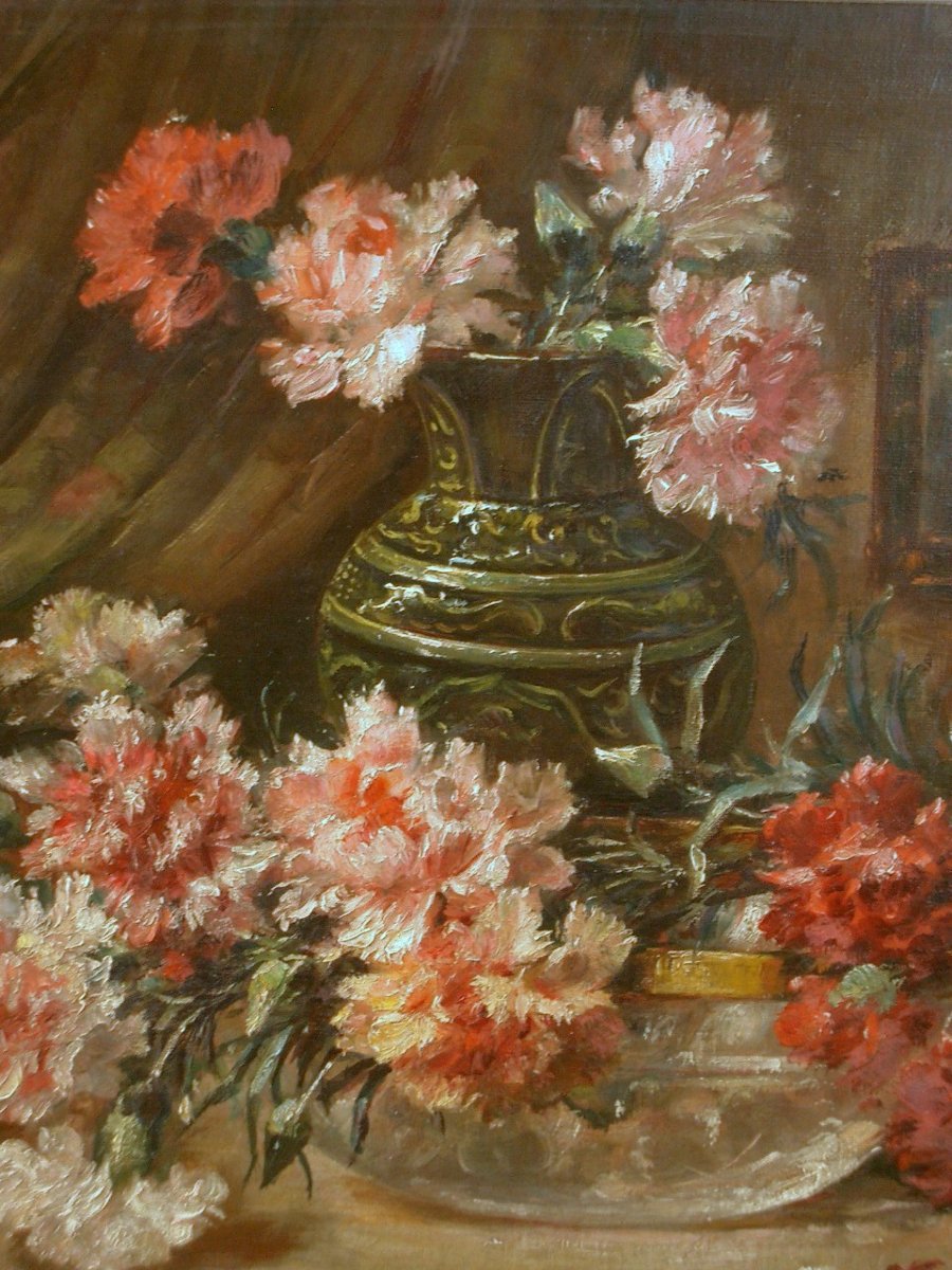 Painting Oil On Canvas, Still Life With Carnations By André Bellemain 1860-1940-photo-4