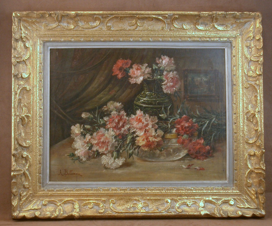 Painting Oil On Canvas, Still Life With Carnations By André Bellemain 1860-1940