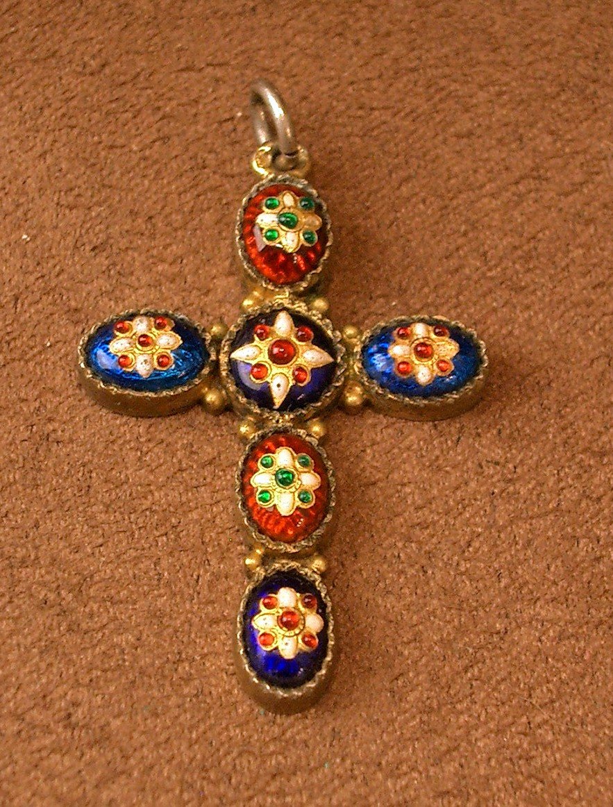 Antique Cross Pendant In Sterling Silver And Bresse Enamel-photo-2